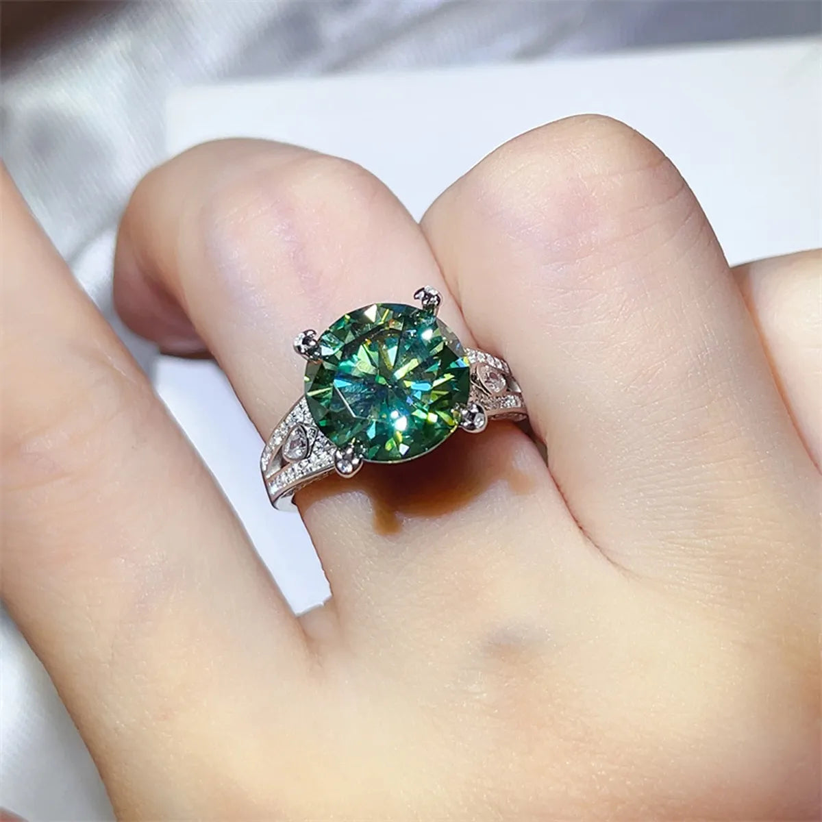 5 Carat Moissanite Sterling Silver Ring in Green - women's ring