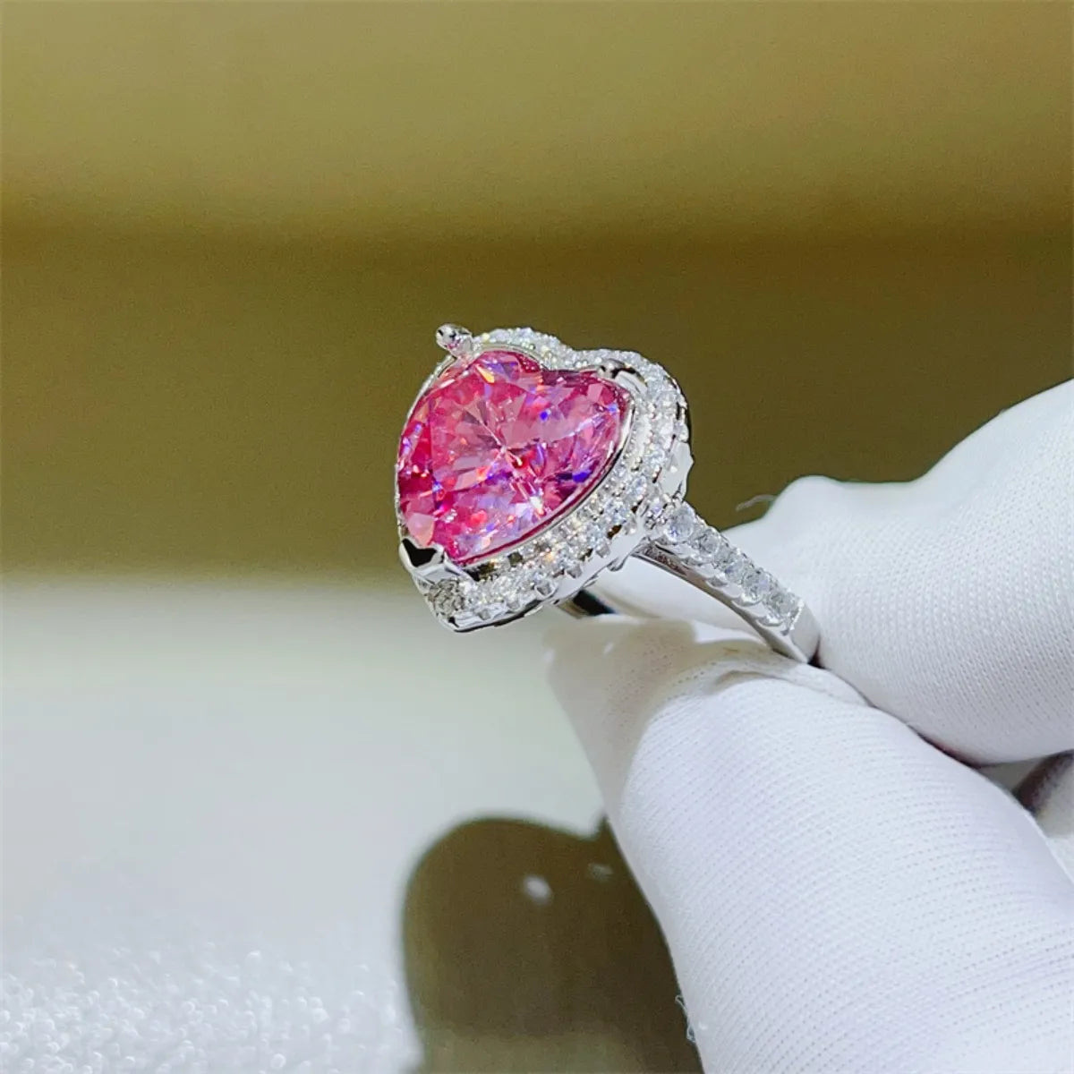 5 Carat Moissanite Sterling Silver Heart Ring in Fuchsia Pink - women's ring