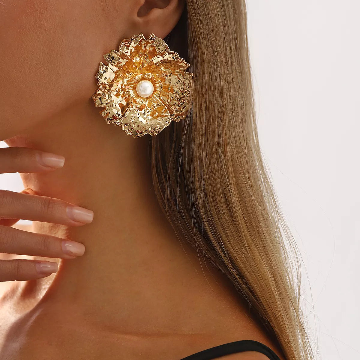 Gold Textured Flower Pearl Center Statement Earrings - alternate earring view