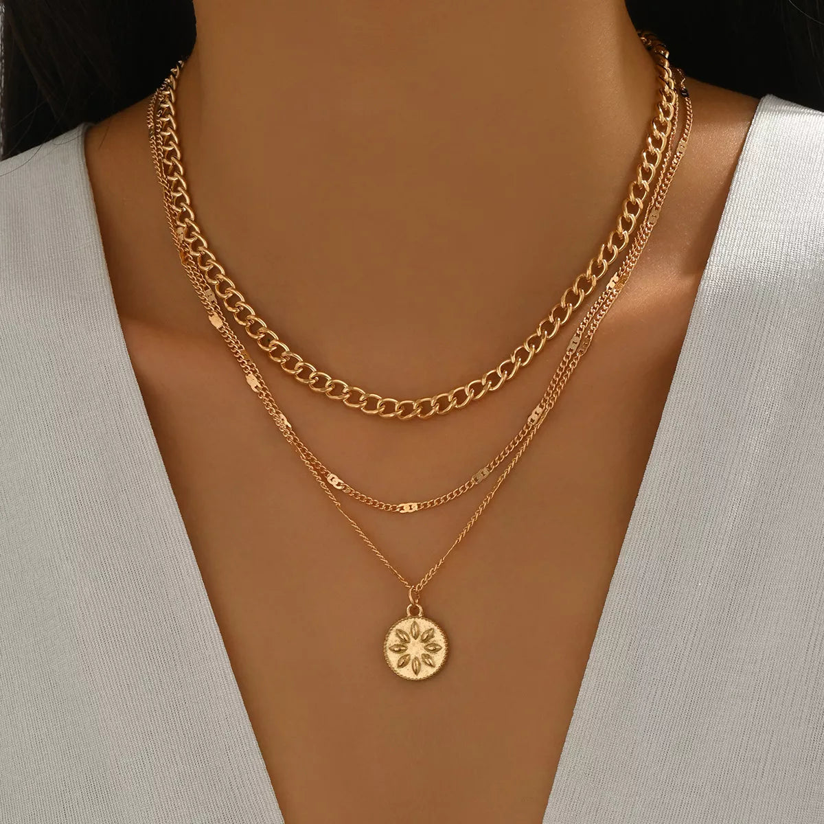 18K Gold-Plated Three Layered Pendant Necklace in Gold - women's pendant necklace