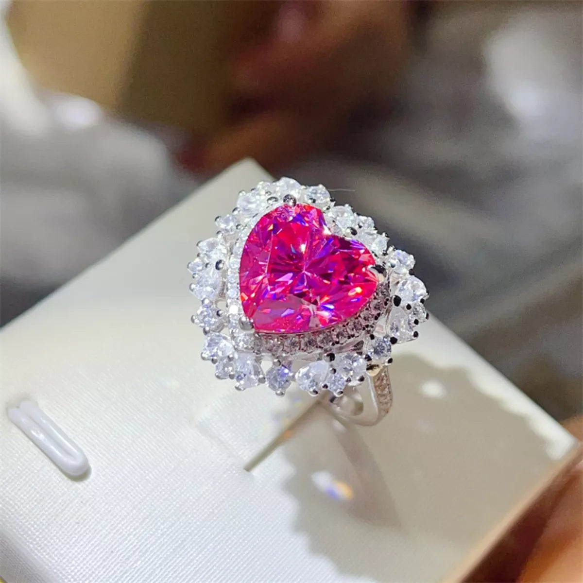 5 Carat Moissanite Sterling Silver Heart-Shaped Ring in Pink - women's ring