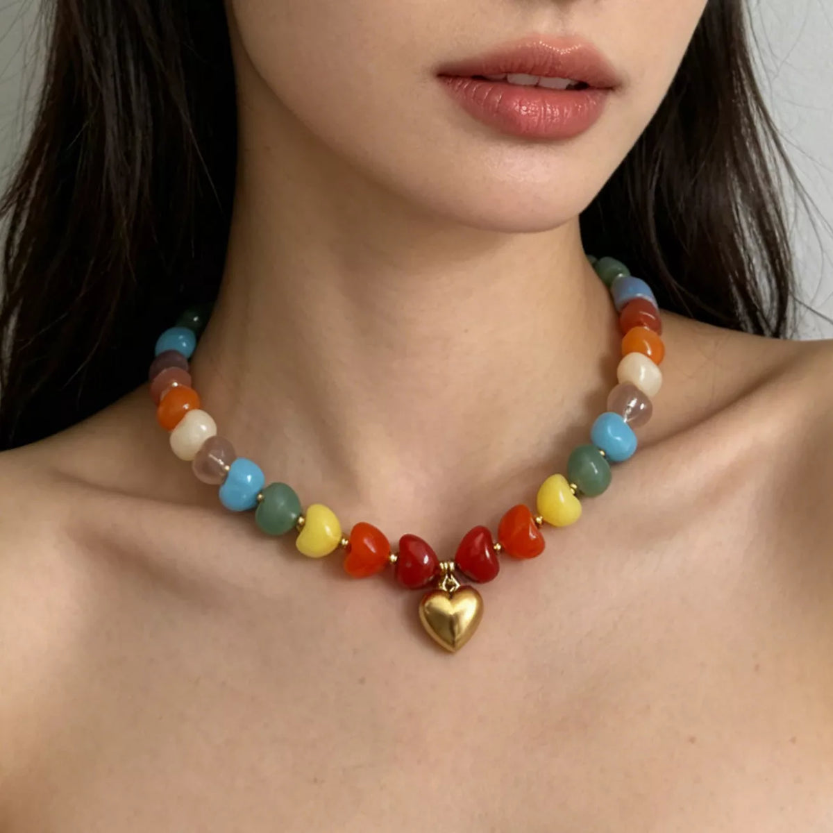 Colorful Heart Pendant Beaded Collarbone Necklace in Red - women's pendant necklace