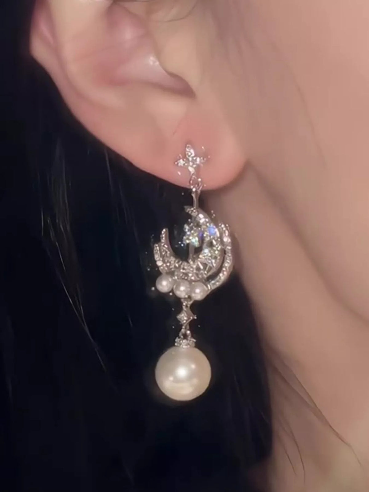 Moon & Star Pearl Dangle Earrings - alternate earring view