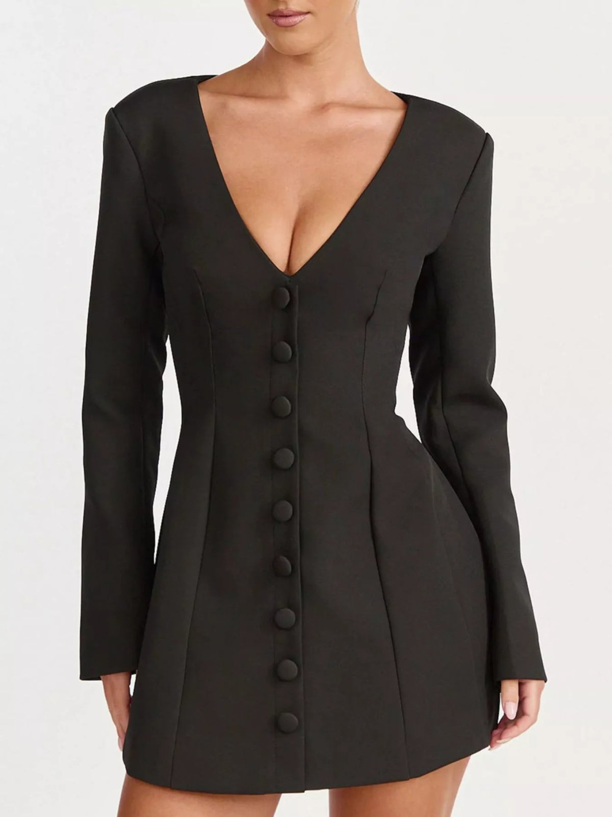 Deep V-Neck Button-Down Blazer Dress in Black - Blossom's