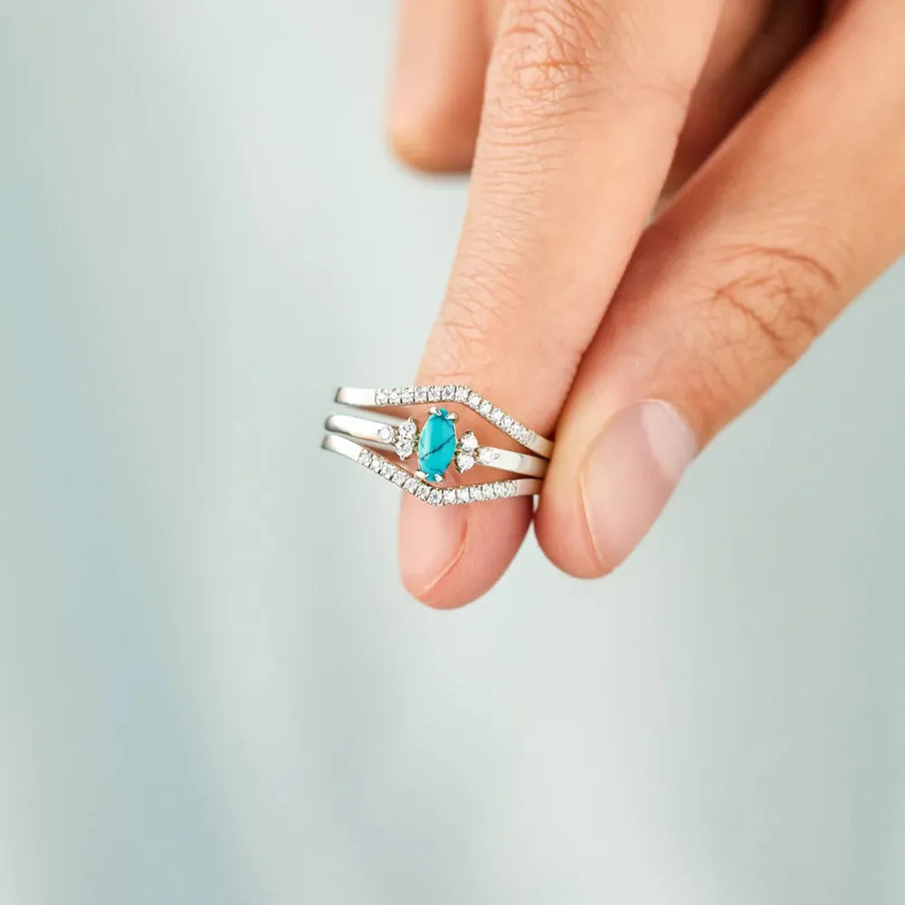 Artificial Turquoise V Shape Inlaid Zircon Ring in Silver - women's ring