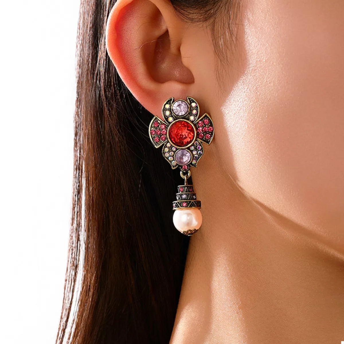Zinc Alloy Flower Pearl Drop Earrings in Red - women's drop earrings
