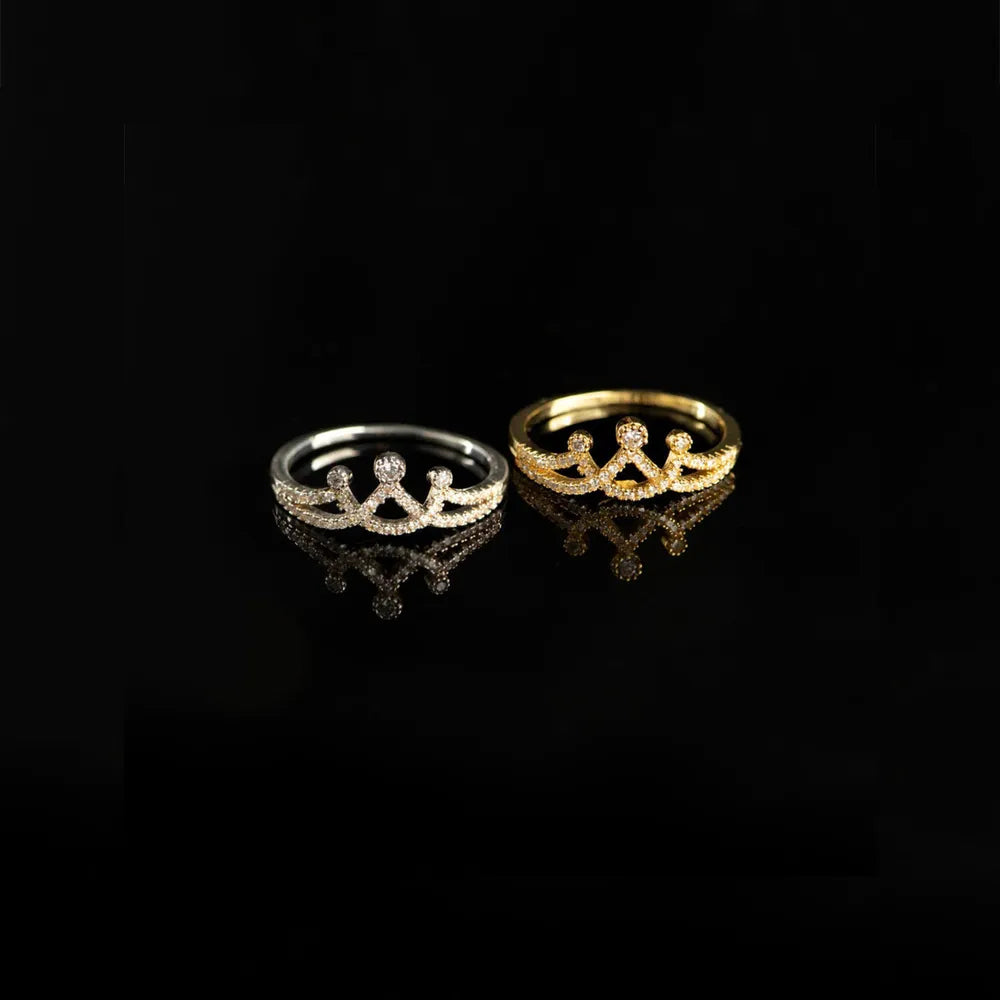 Crown Shape Inlaid Zircon Sterling Silver Ring in Gold - women's ring