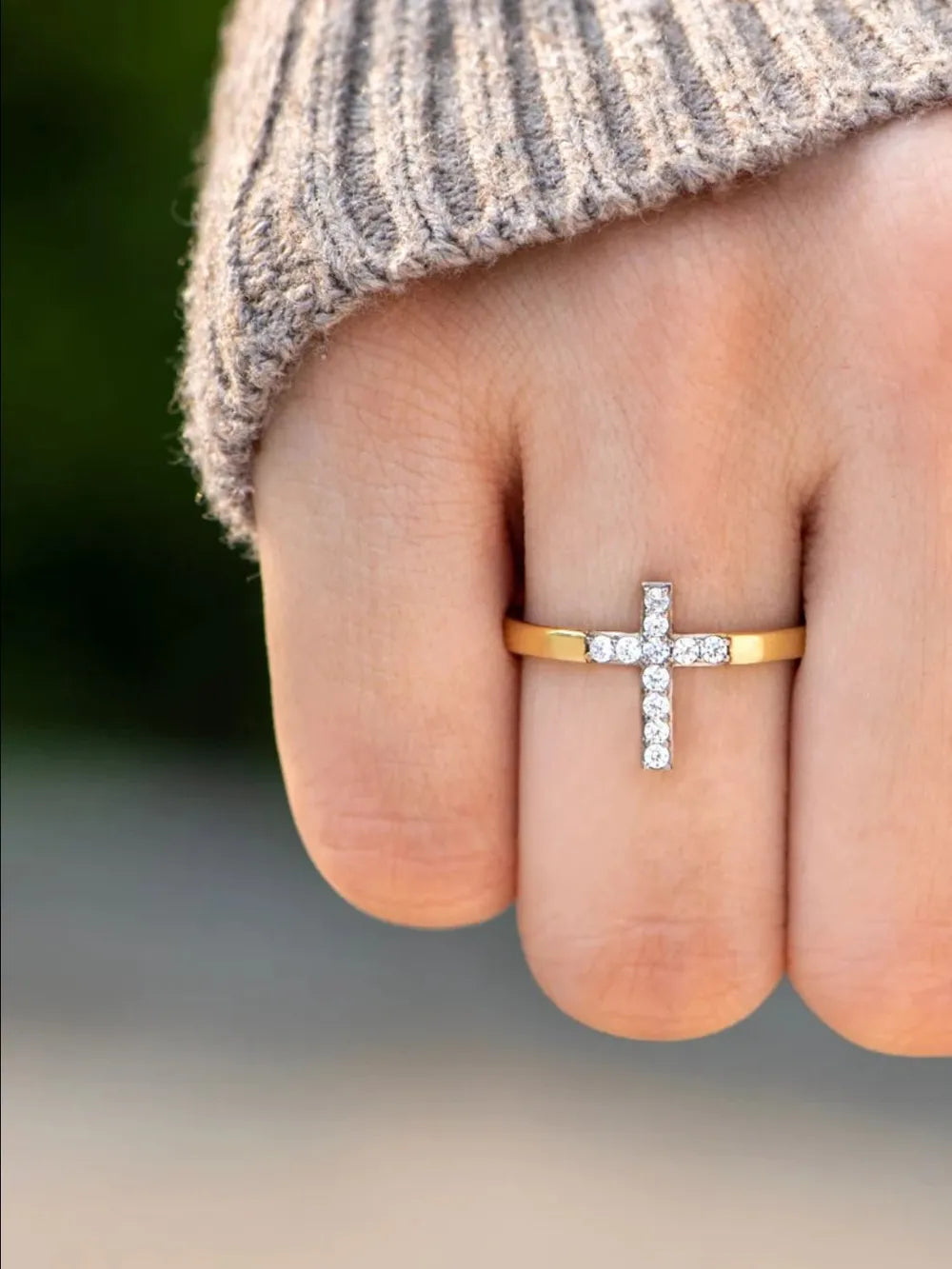 Sterling Silver Inlaid Zircon Cross Ring in Gold - women's ring