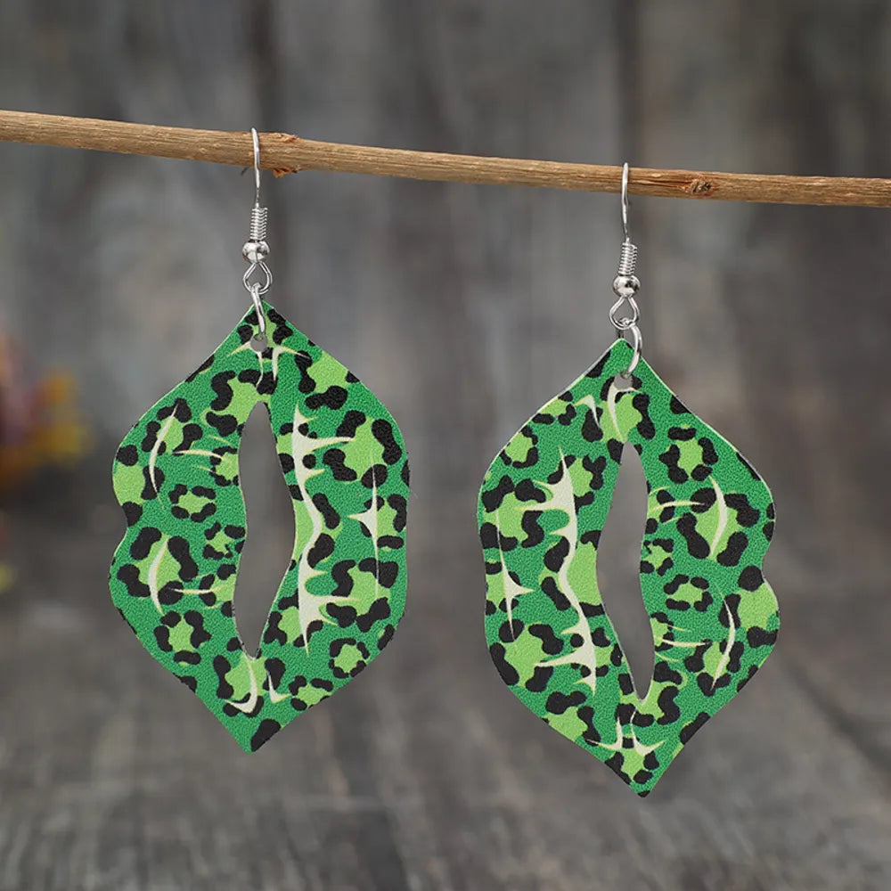 Leopard Lip Shape Leather Earrings in Green - women's earrings