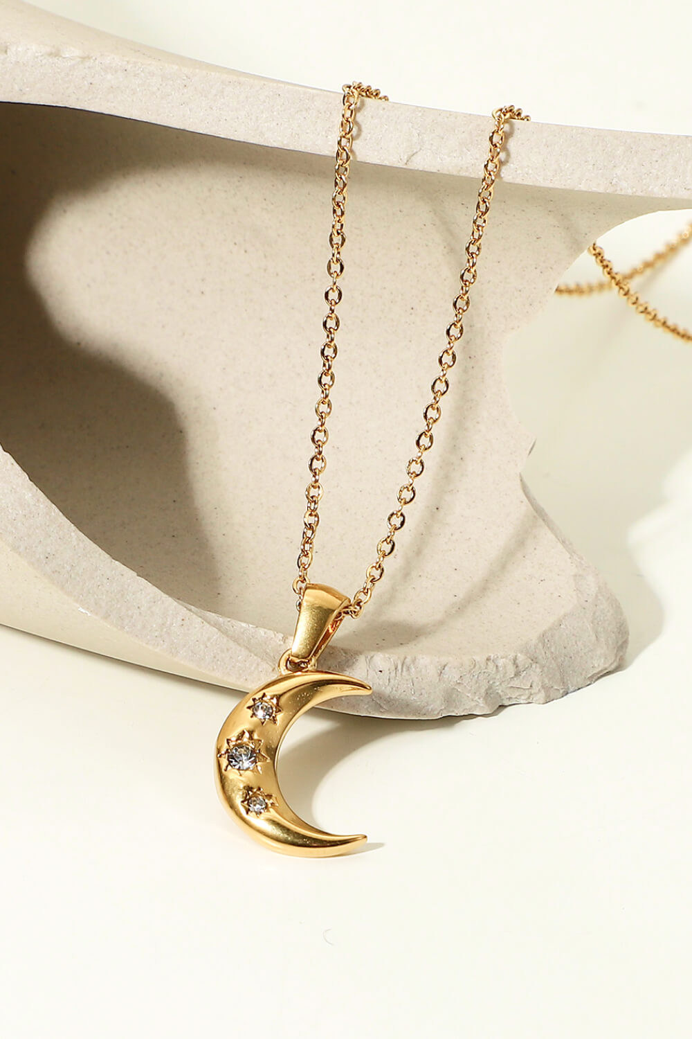 18K Gold-Plated Inlaid Zircon Moon Pendant Necklace - alternate necklace view