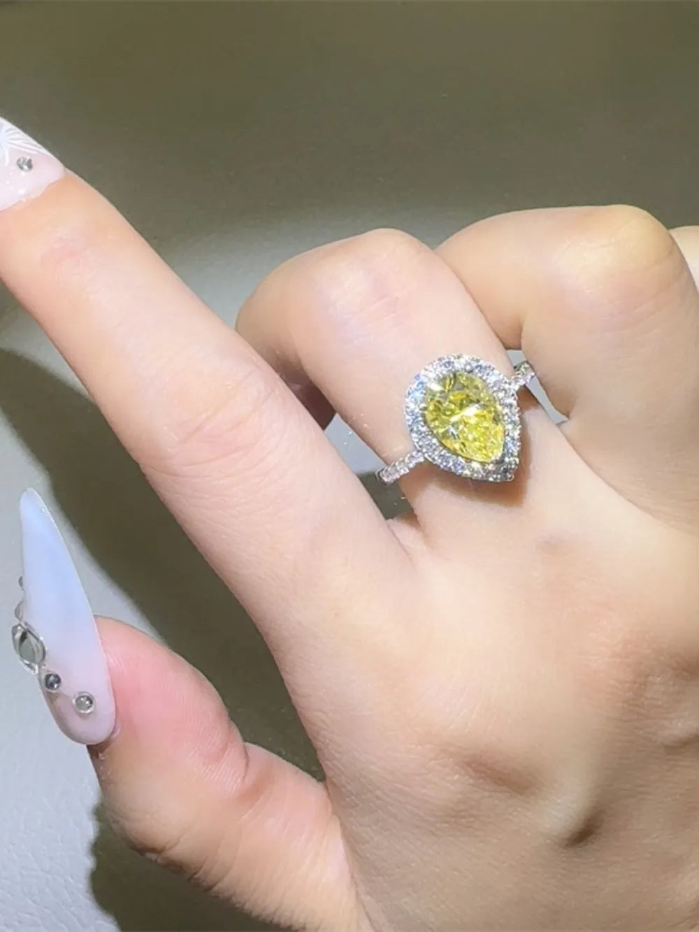 2 Carat Moissanite Sterling Silver Teardrop Ring in Yellow - women's ring
