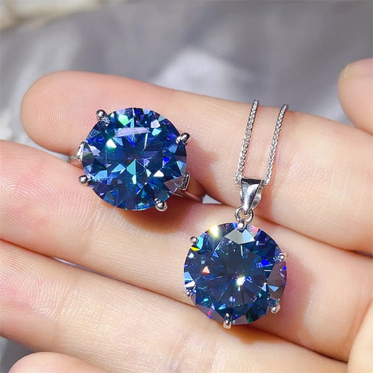 10 Carat Moissanite Sterling Silver Ring and Necklace Set in Royal Blue - women's necklace