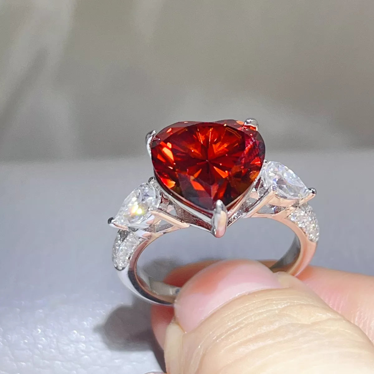 6 Carat Sterling Silver Moissanite Heart Ring in Deep Red - women's ring
