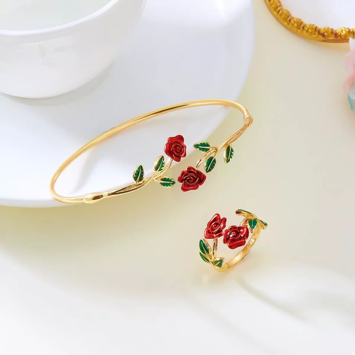 Rose Bypass Ring and Bracelet Set - alternate jewelry view