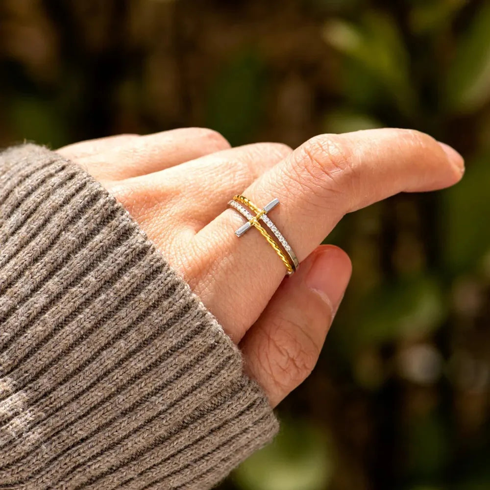 Cross Zircon Sterling Silver Ring in Gold - women's ring