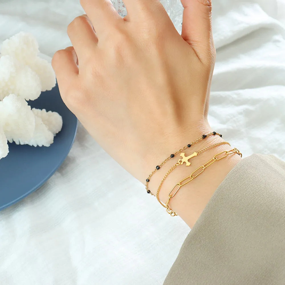 Titanium Steel Three-Layered Bracelet in Gold - women's layered bracelet