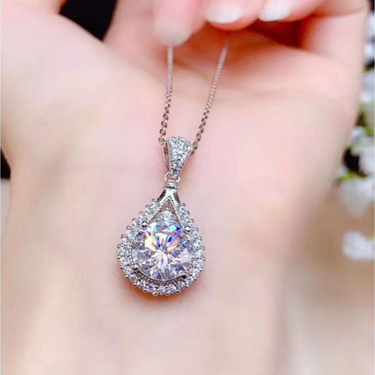 5 Carat Sterling Silver Moissanite Teardrop Necklace - alternate necklace view