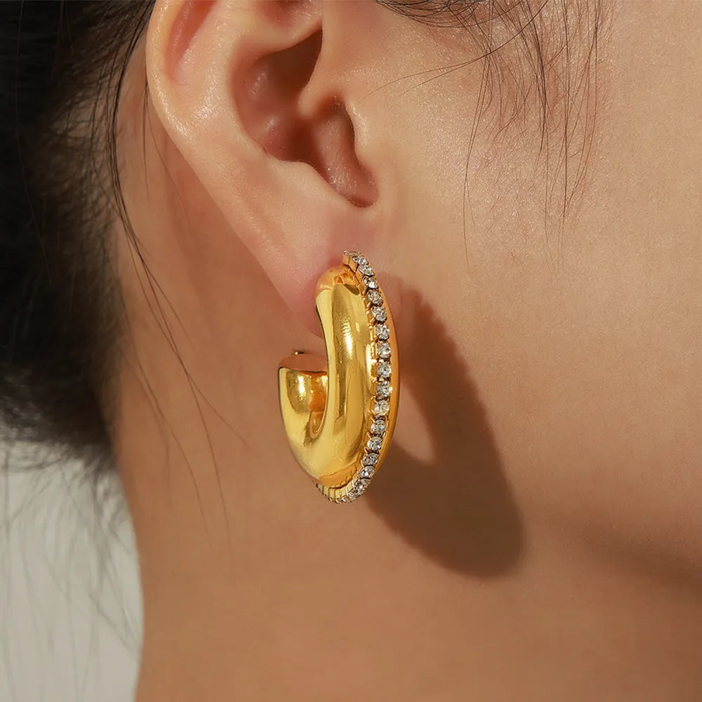 Titanium Steel Inlaid Zircon C-Hoop Earrings - alternate earring view