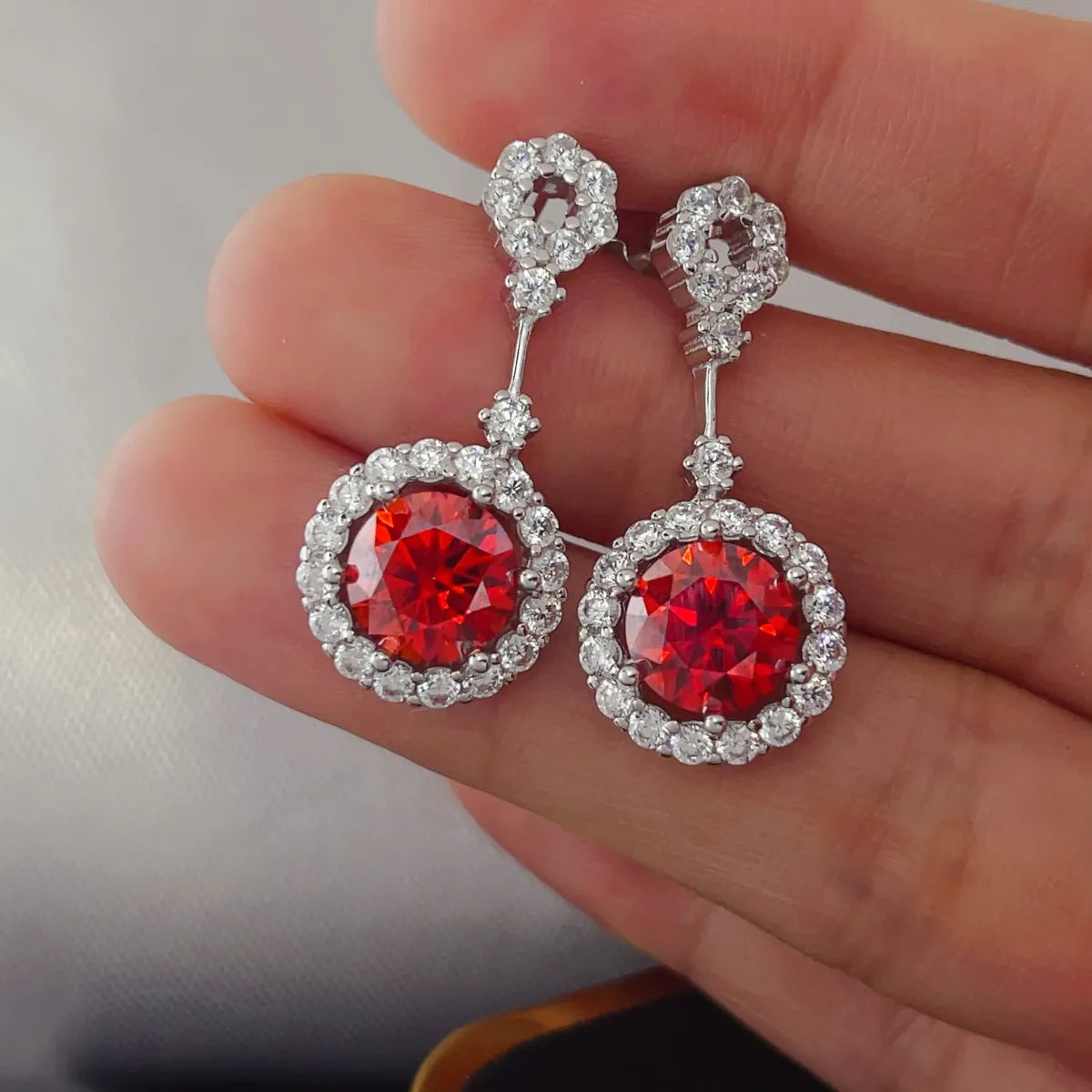 4 Carat Ruby Red Crystal Drop Earrings with Rhinestone Halo - alternate earring view