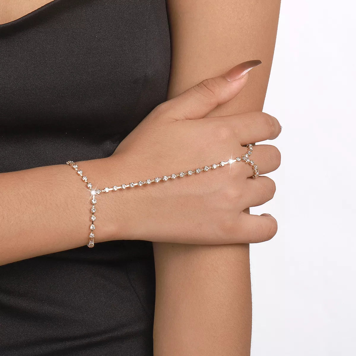 Alloy Rhinestone Bracelet with Ring in Gold - women's bracelet