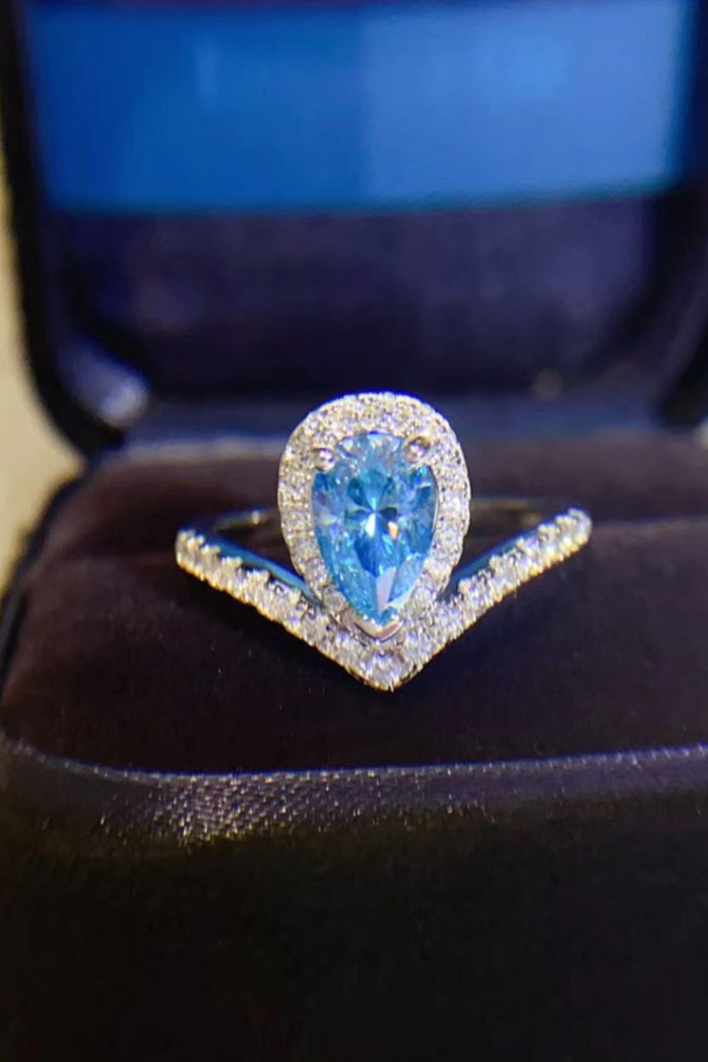 1 Carat Pear Shape Moissanite Heart Ring in Sky Blue - women's ring