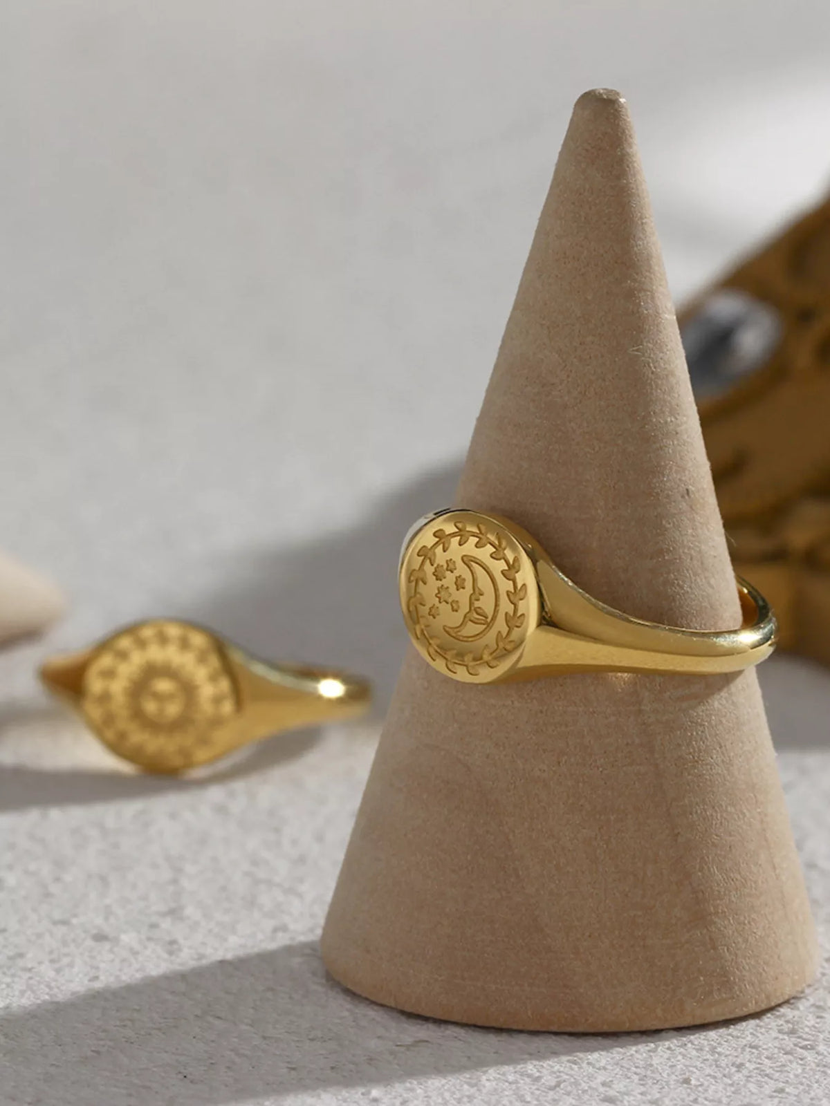 18K Gold-Plated Sun Motif Signet Ring in Style C - women's signet ring