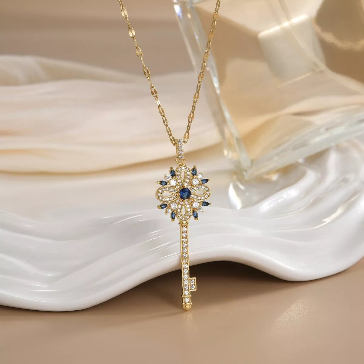 18K Gold-Plated Zircon Key Pendant Necklace in Gum Leaf - women's pendant necklace