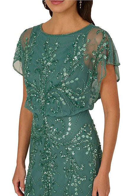 Adrianna Papell Beaded Mesh Boat Neck Flutter Sleeves Back Zipper Closure Blouson Silhouette Dress