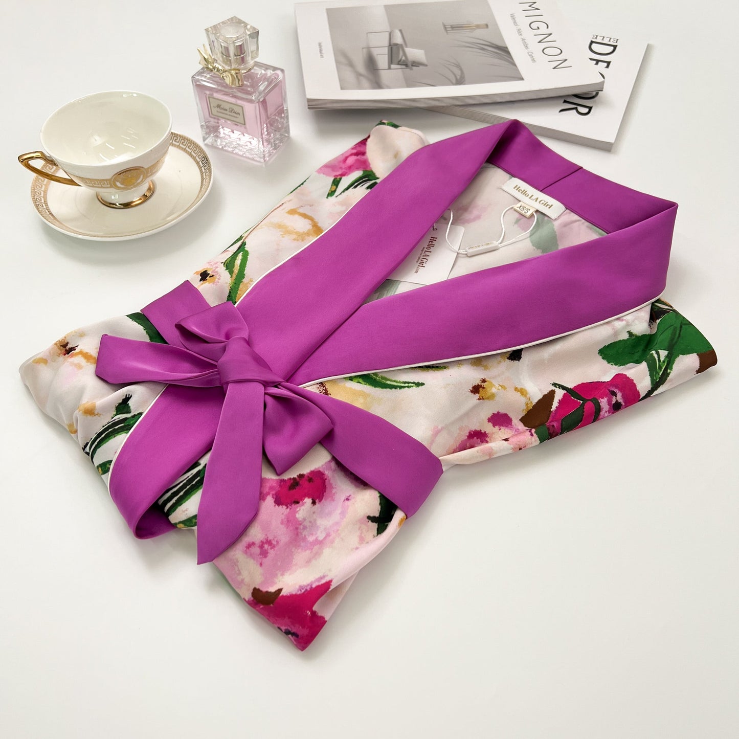 Pink Flower Print Purple Silky Satin Robe With Belt