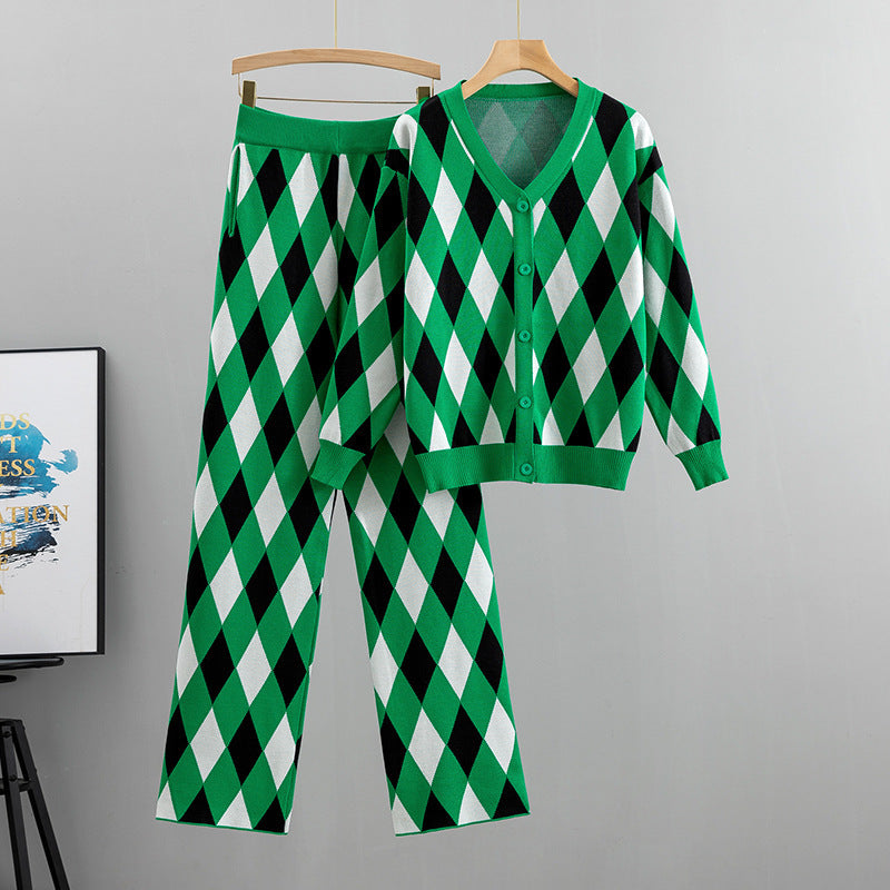 Checkered Cardigan Pants Set