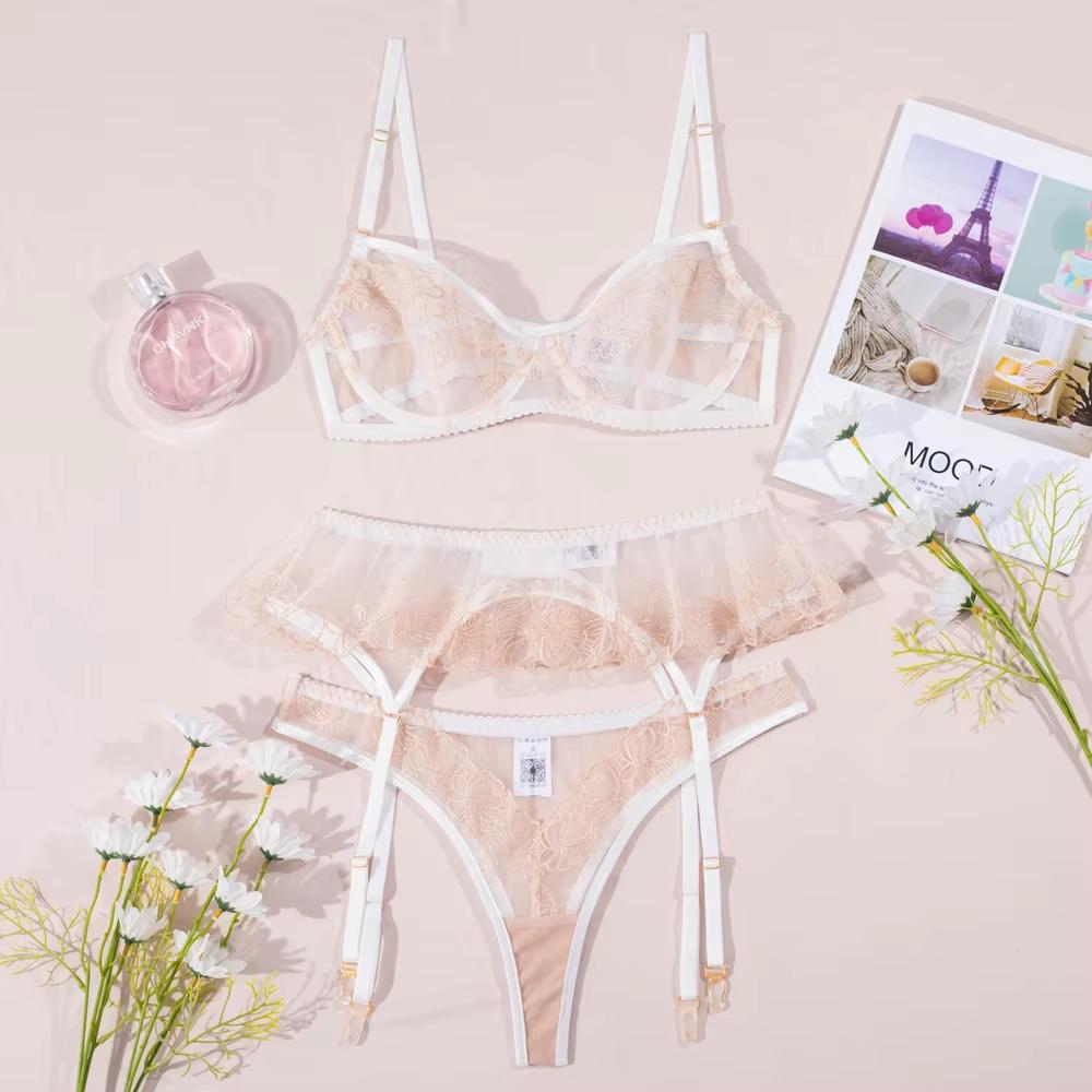 Champagne Petal Sheer Lace 3 Piece Lingerie Set