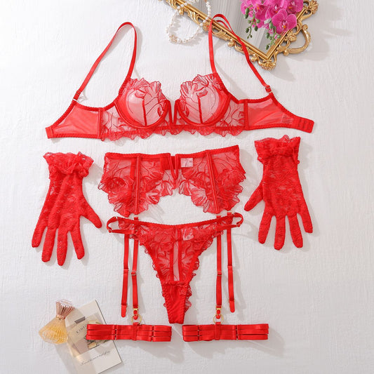 Midnight Bloom Lace Lingerie Set Red