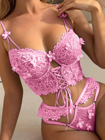 Pink Pearls Small Flower Lace Lingerie Set