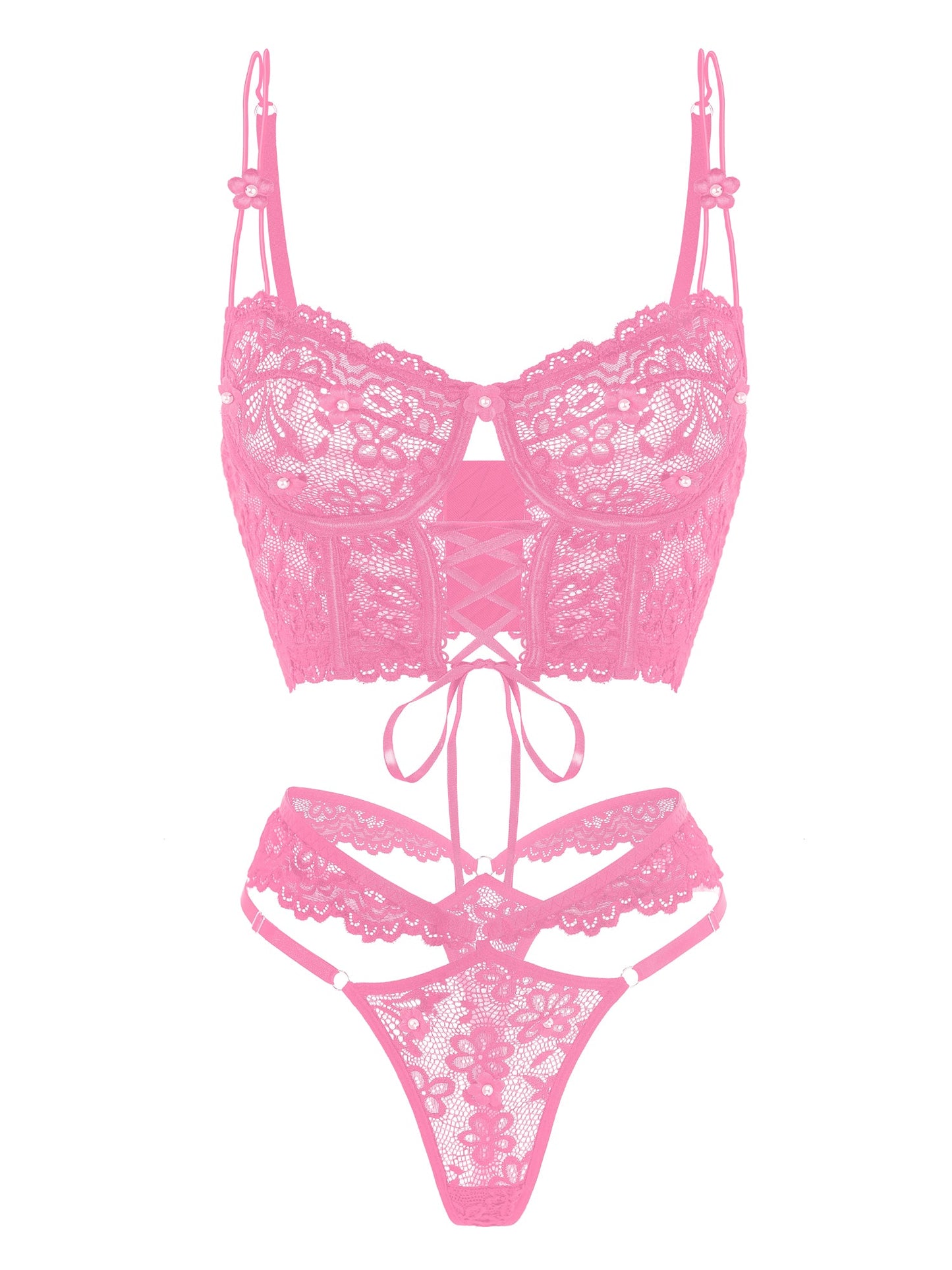 Pink Pearls Small Flower Lace Lingerie Set