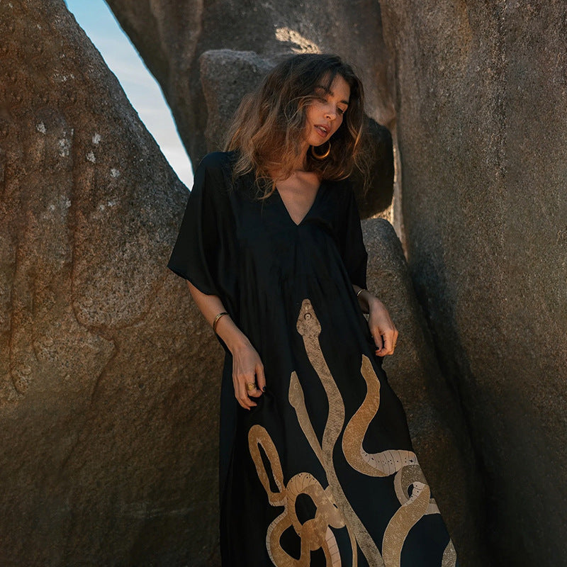 Beach Dress Women V neck Pullover Bikini Swimsuit Blouse Printing Sun Protective Clothing