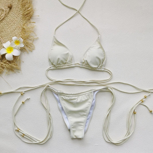 Solid Color Three Point Mini Bikini Sexy Backless Lace up Split Swimsuit Women Bikini