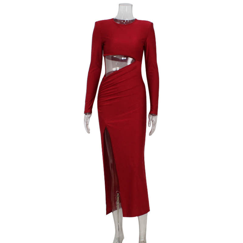 Elegant Women round Neck Long Sleeve Hollow Out Cutout out Split Red Retro Slim Fit Sexy Dress