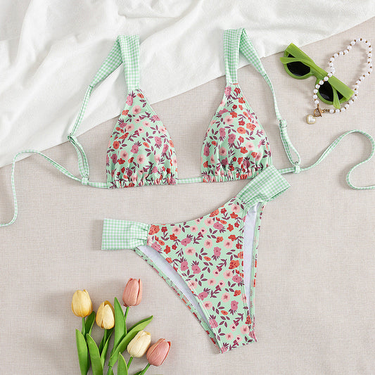 Split Printed Swimsuit Ladies Belt Chest Pad Sexy Bikini Floral Bikini Swimsuit