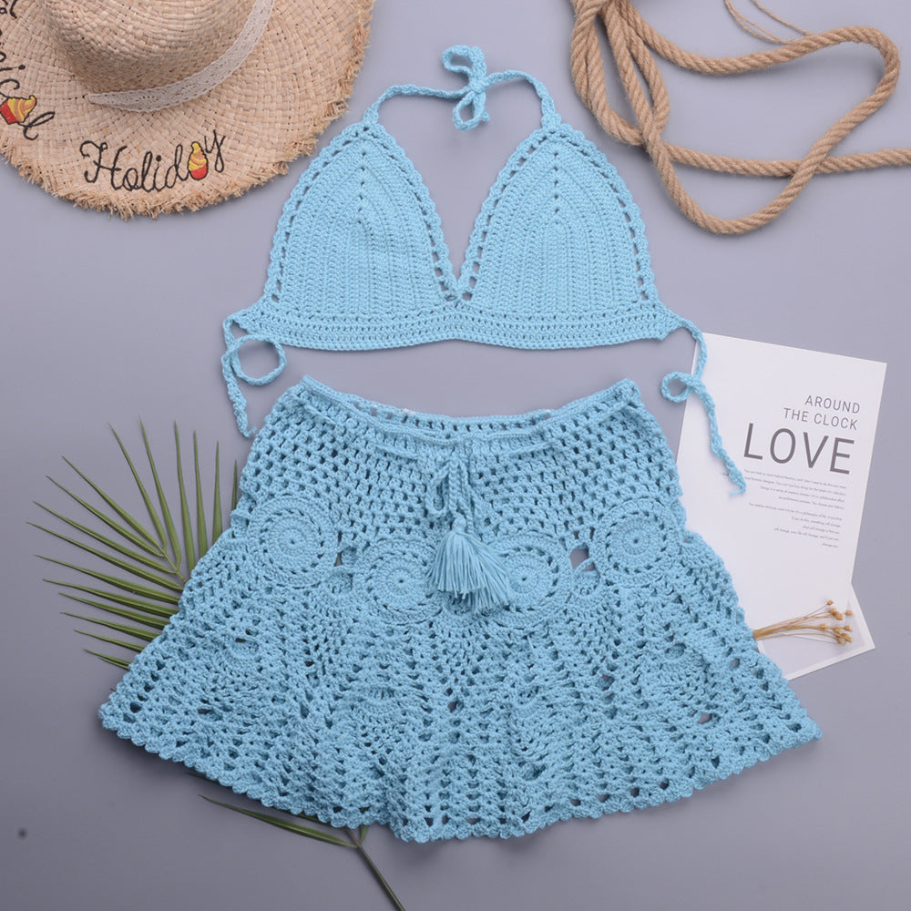 Hollowed out Lotus Bud Short Skirt Split Hand Woven Beach Swimsuit Vacation Two Piece Sets