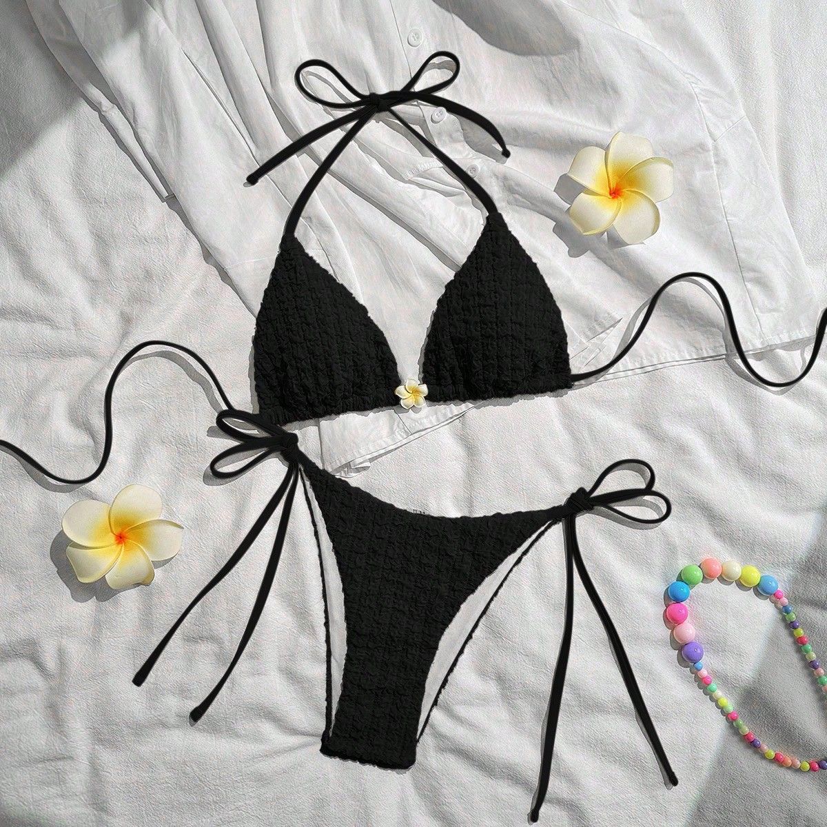 Swimwear Solid Color Lace up Halterneck Sexy Suspenders Bikini Split Swimsuit