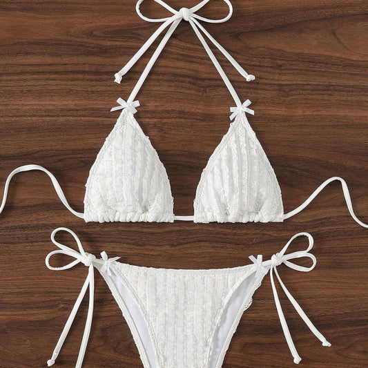 Solid Color Split Swimsuit Bikini Backless Swimsuit Sexy Wind Strap Design Three Point