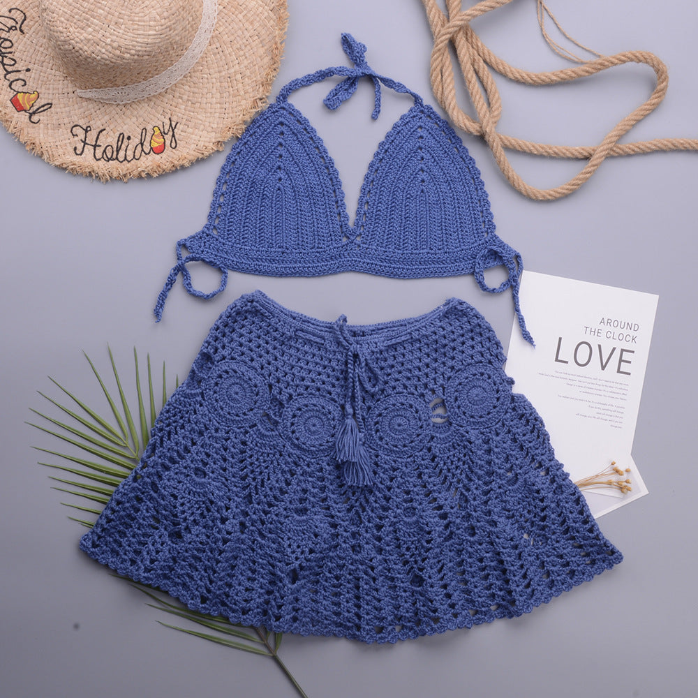 Hollowed out Lotus Bud Short Skirt Split Hand Woven Beach Swimsuit Vacation Two Piece Sets