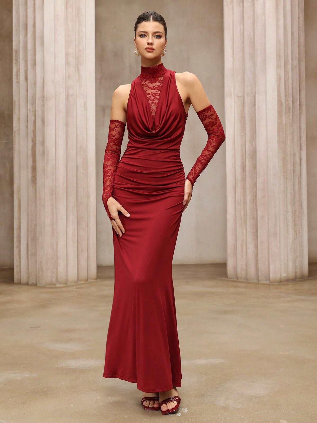 Slim Wine Red Dress Turtleneck off the Shoulder Long Sleeve Elegant Dress Lace Evening Dress