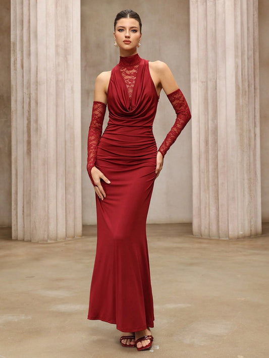 Slim Wine Red Dress Turtleneck off the Shoulder Long Sleeve Elegant Dress Lace Evening Dress