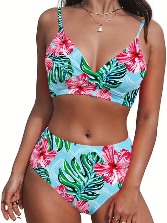 Backpack Ruffled Spaghetti Straps Vest High Waist Print Pleating Briefs Tankini Swimsuit