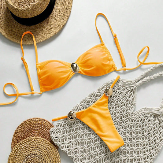 Swimwear Solid Color Bikini Sexy Lace up Bikini Lady Simple Split Swimsuit