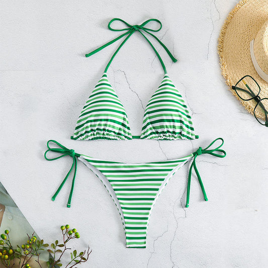 Striped Sexy Lace up Bikini Split Swimsuit Women Three Point Bikini Swimming Set