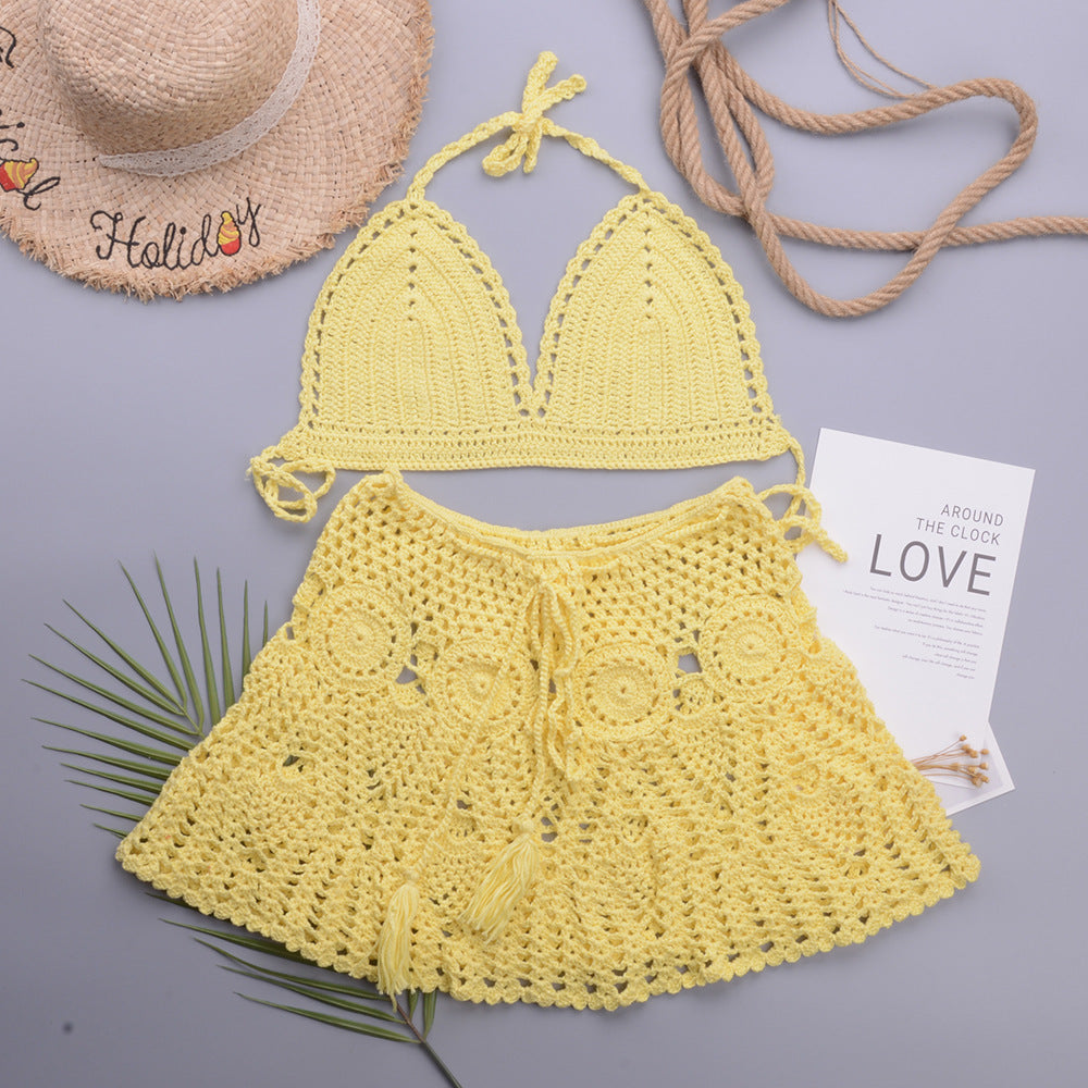 Hollowed out Lotus Bud Short Skirt Split Hand Woven Beach Swimsuit Vacation Two Piece Sets