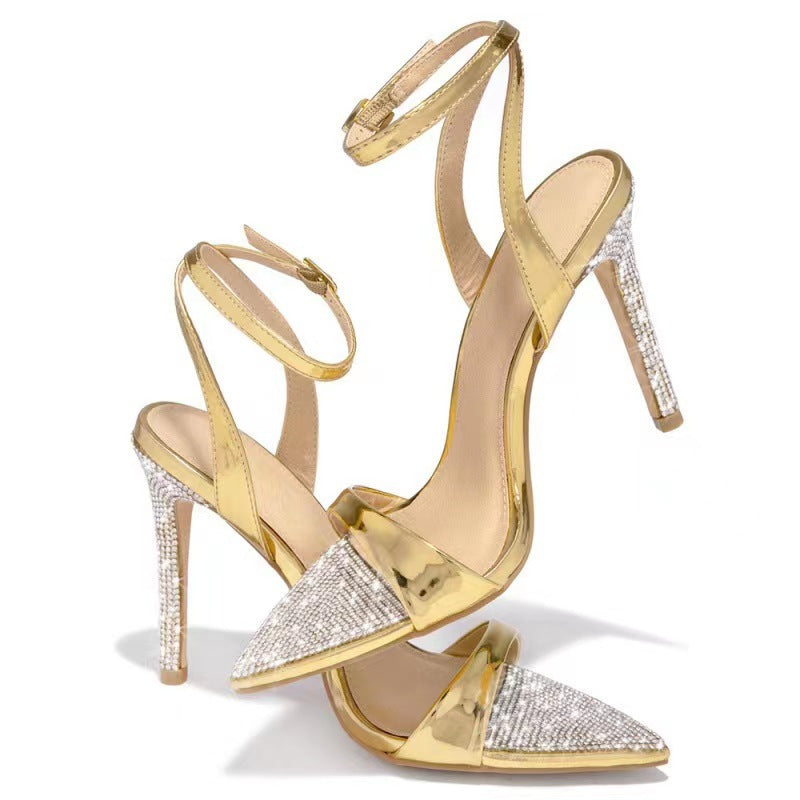 Buckle Rhinestone Stiletto Peep Toe High Heeled Sandals Women Hollow Out Cutout Pointed Toe Open Toe Sandals