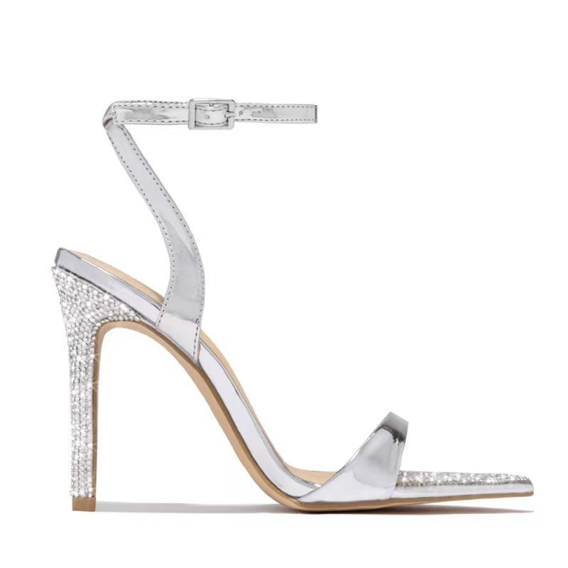 Buckle Rhinestone Stiletto Peep Toe High Heeled Sandals Women Hollow Out Cutout Pointed Toe Open Toe Sandals